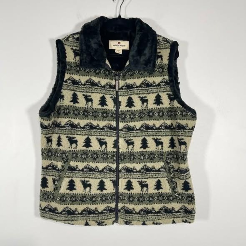 Woolrich Moose Stripe Vest Womens XL Black Mountains Outdoor Gorpcore‎ Full Zip